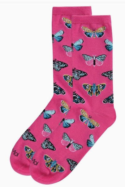Butterfly Bamboo Crew Socks Pink (Size 9-11)