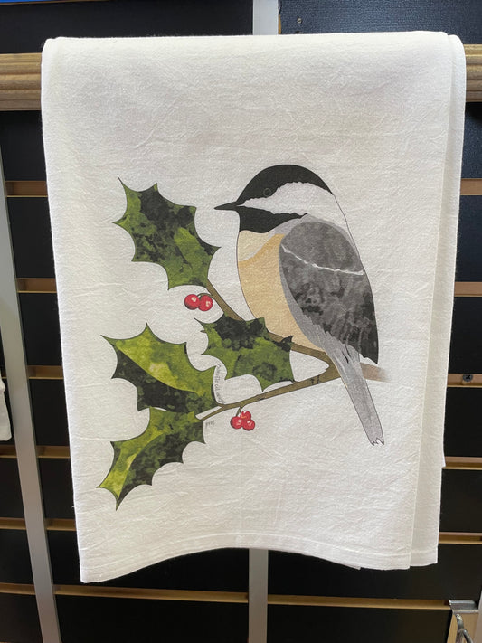 Chickadee and Holly Tea Towel